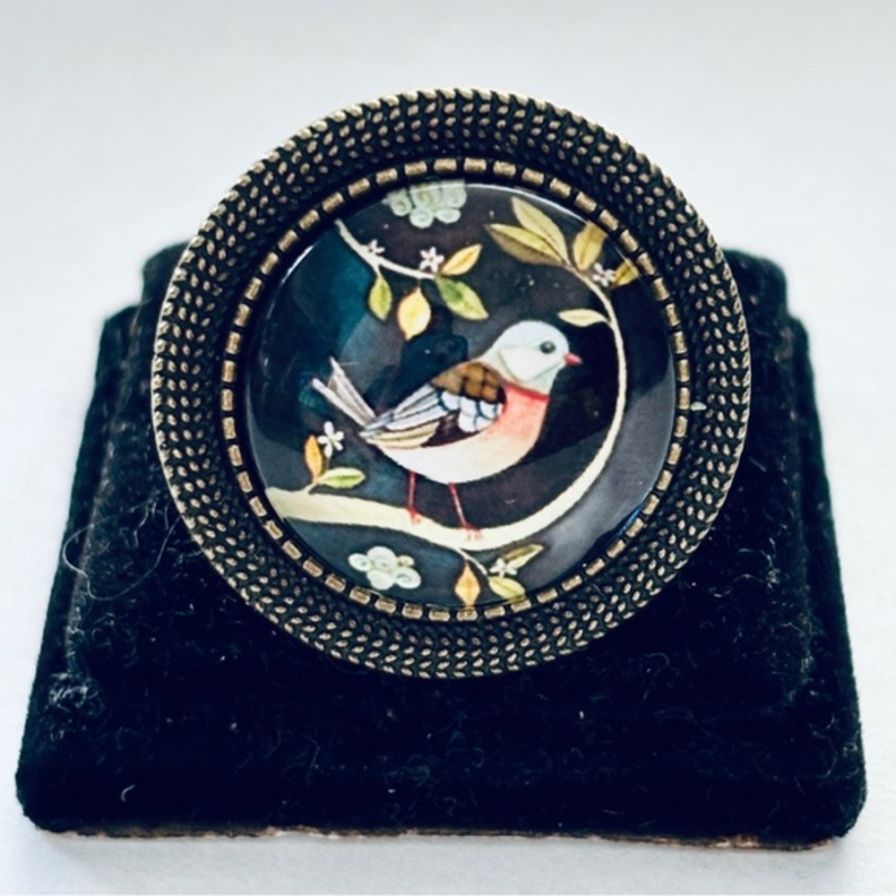Vintage Style 20mm Bird Print Adjustable Ring